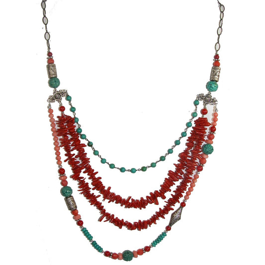 Coral, Turquoise Multi-Strand Sterling Silver Beaded Necklace