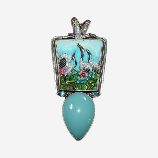 33175 Hand Carved Crane, Amazonite, Blue Topaz, Sterling Silver Pin Pendant