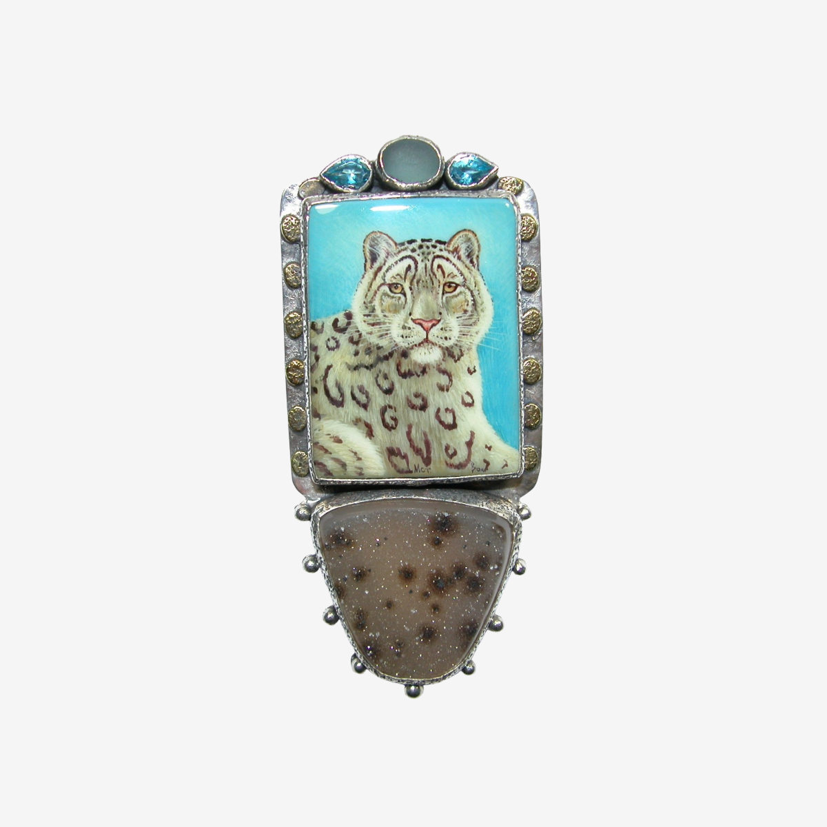 34505 Painted Leopard on Black Onyx, Blue Topaz, Druzy, Sterling Silver Pin Pendant