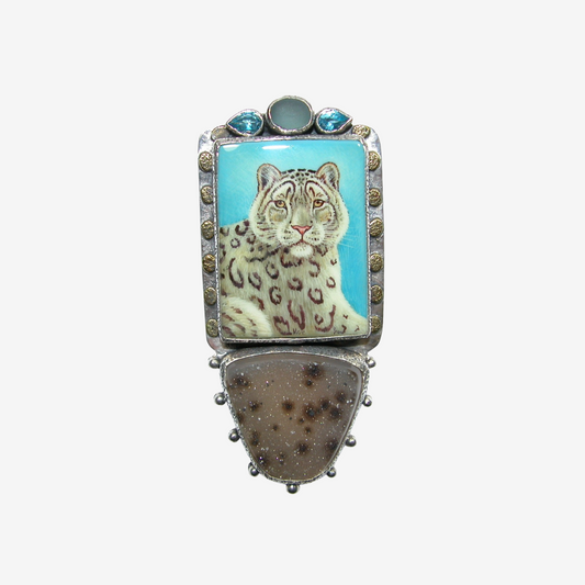 34505 Painted Leopard on Black Onyx, Blue Topaz, Druzy, Sterling Silver Pin Pendant