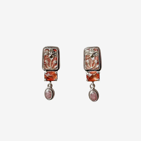 33034 Celestial Quartz, Rhodochrosite, Hand-Enameled Floral Earrings