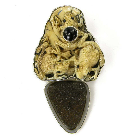 10164 Hand Carved Fossil Ivory, Black Onyx, Drusy Agate Sterling Silver Pin and Pendant