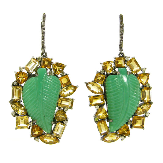 Citrine, Carved Leaf, Diamond Sterling Silver Earrings
