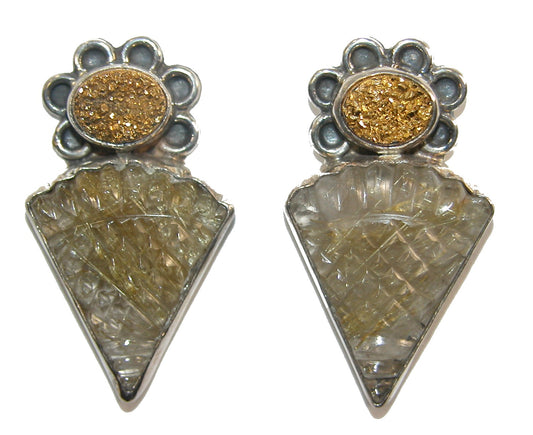 19333A Carved Rutilated Quartz, Drusy Sterling Silver Earrings