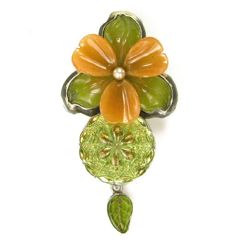 Serpentine Jade, Vintage Czech Glass, Freshwater Pearl Sterling Silver Pin and Pendant
