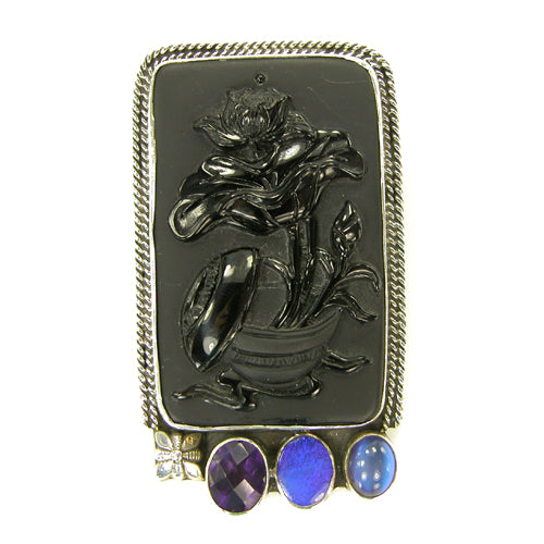 Carved Onyx Floral with Amethyst, Lapiz and Moonstone Sterling Silver Pin Pendant