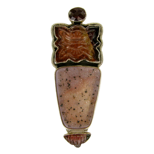 6441 Carved Tourmaline, Drusy Sterling Silver Pin and Pendant