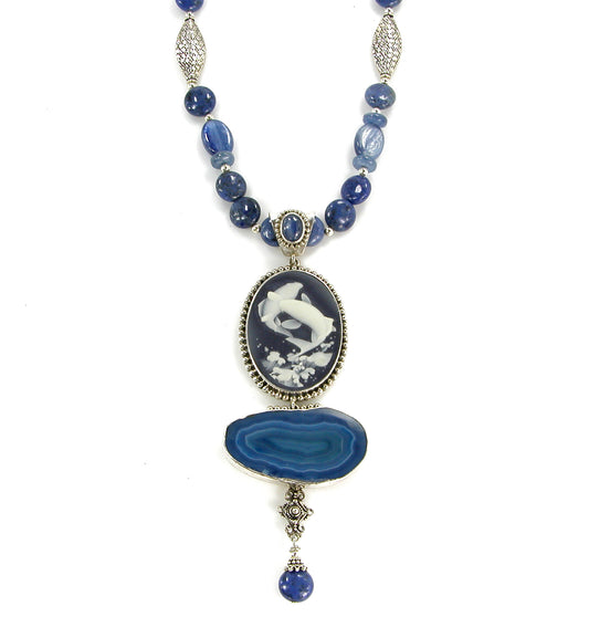 Carved Sealife Cameo Agate Sterling Silver Necklace and Pendant