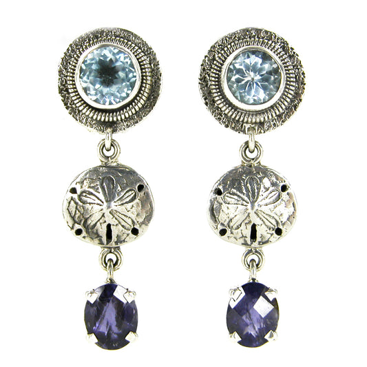 8934 Lolite and Blue Quartz Sand Dollar Dangle Sterling Silver Earrings