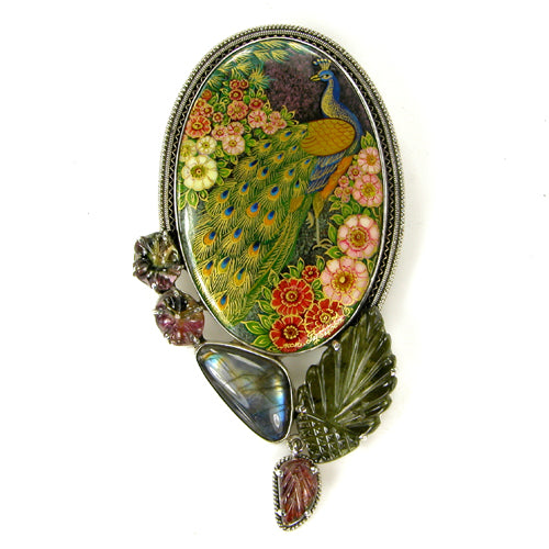 9756 Hand Painting on Black Onyx Sterling Silver Pin Pendant