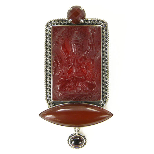 Garnet, Carnelian, Red Agate Buddha Sterling Silver Pin and Pendant