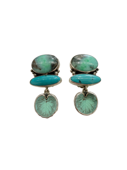 28983 Turquoise, Chrysocolla, Sterling Silver Lily Pad Earrings