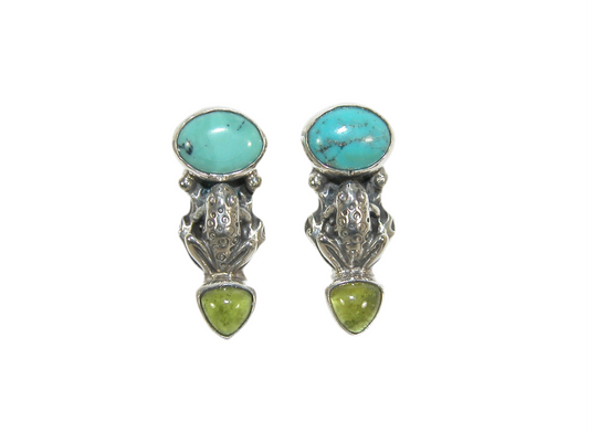33423 Turquoise, Vesuvanite, Sterling Silver Frog Earrings