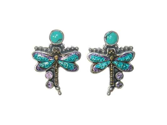 32872D Hand Enamel Dragonfly Turquoise Sterling Silver Earrings