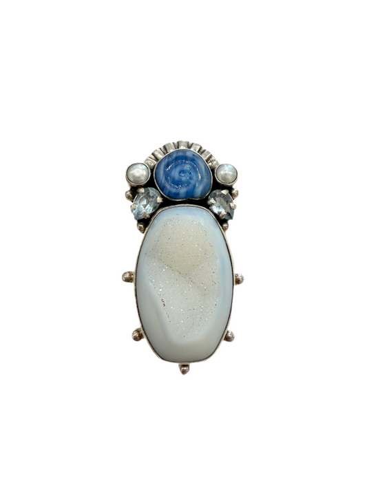 29380D Czech Glass Seashell, Freshwater Pearl, Blue Topaz, Druzy Agate, Sterling Silver Pin and Pendant