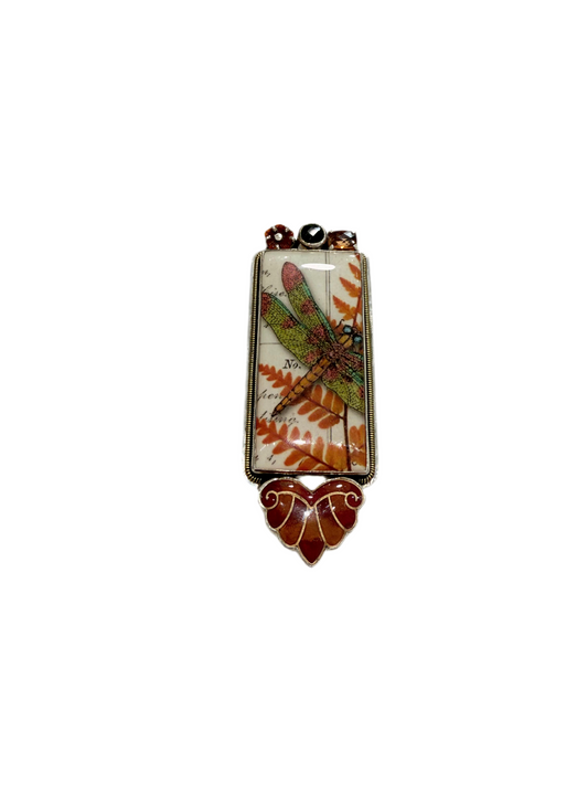 31933 Hand Enamel Dragonfly Tile, Carnelian, Sterling Silver Pin and Pendant