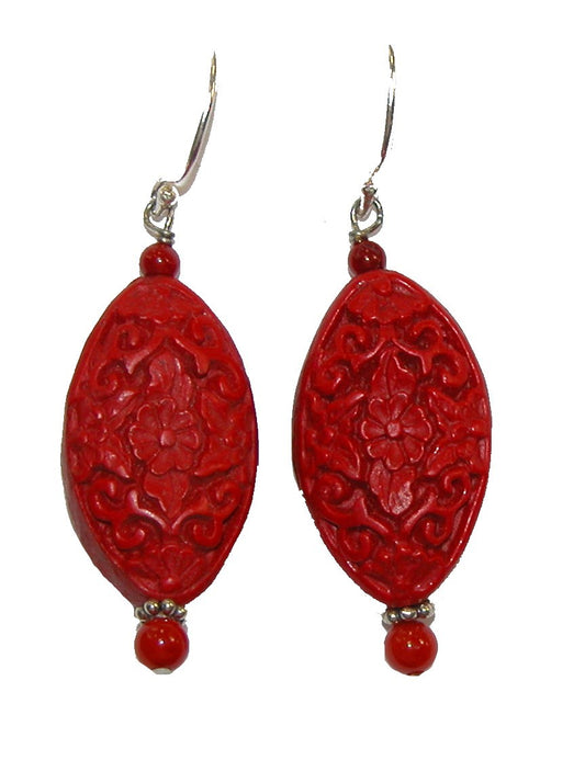 17698 Hand Carved Cinnabar Sterling Silver Earrings