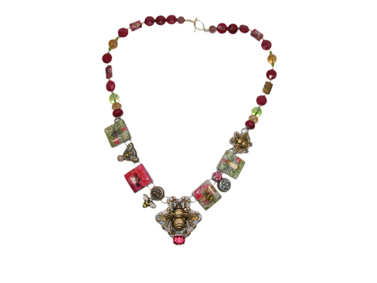 30441 Handmade Bee Tile Pink Quartz Sterling Silver Necklace