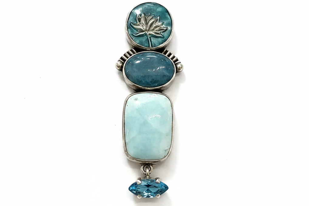 31496 Larimar Aquamarine Lotus Sterling Silver Pin and Pendant