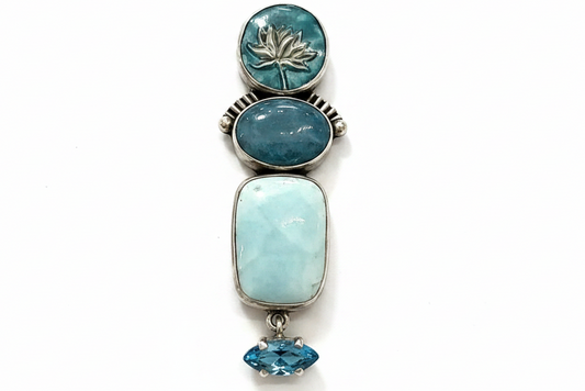 31496 Larimar Aquamarine Lotus Sterling Silver Pin and Pendant
