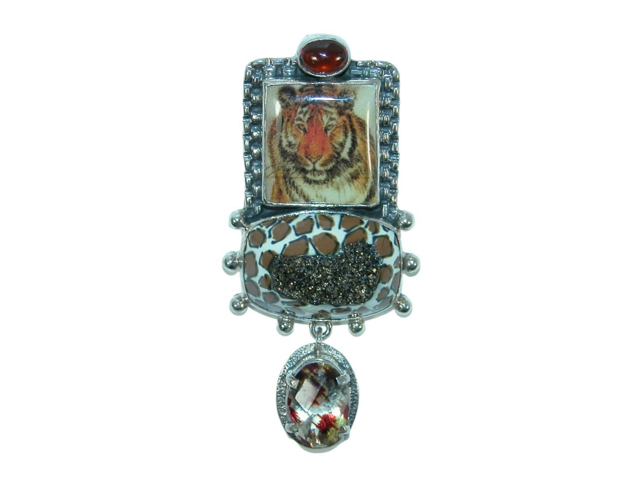 31661 Handmade Tiger Tile with Drusy Sterling Silver Pin Pendant