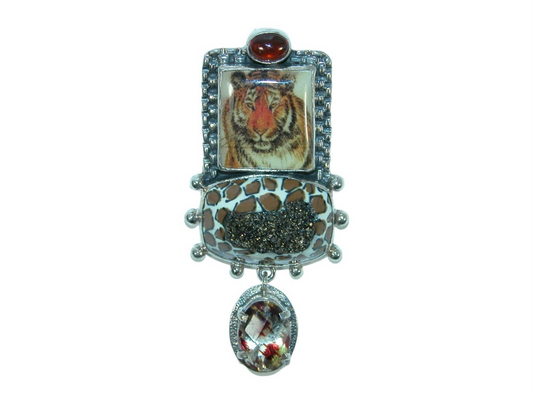 31661 Handmade Tiger Tile with Drusy Sterling Silver Pin Pendant