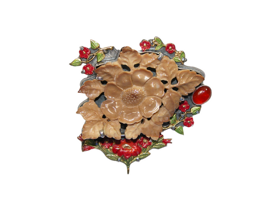 32640 Hand Carved Fossil Ivory, Gand Enamel, Sterling Silver Pin and Pendant