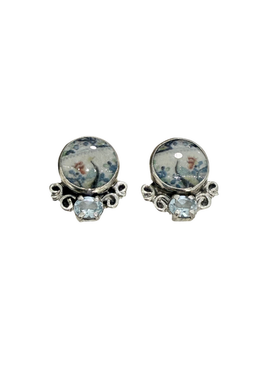 32196A Hand Enamel Tile, Blue Topaz, Sterling Silver Earrings