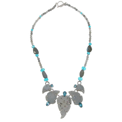 40185 Drusy Agate Blue Topaz Leaf Collar Sterling Silver Necklace One of a Kind