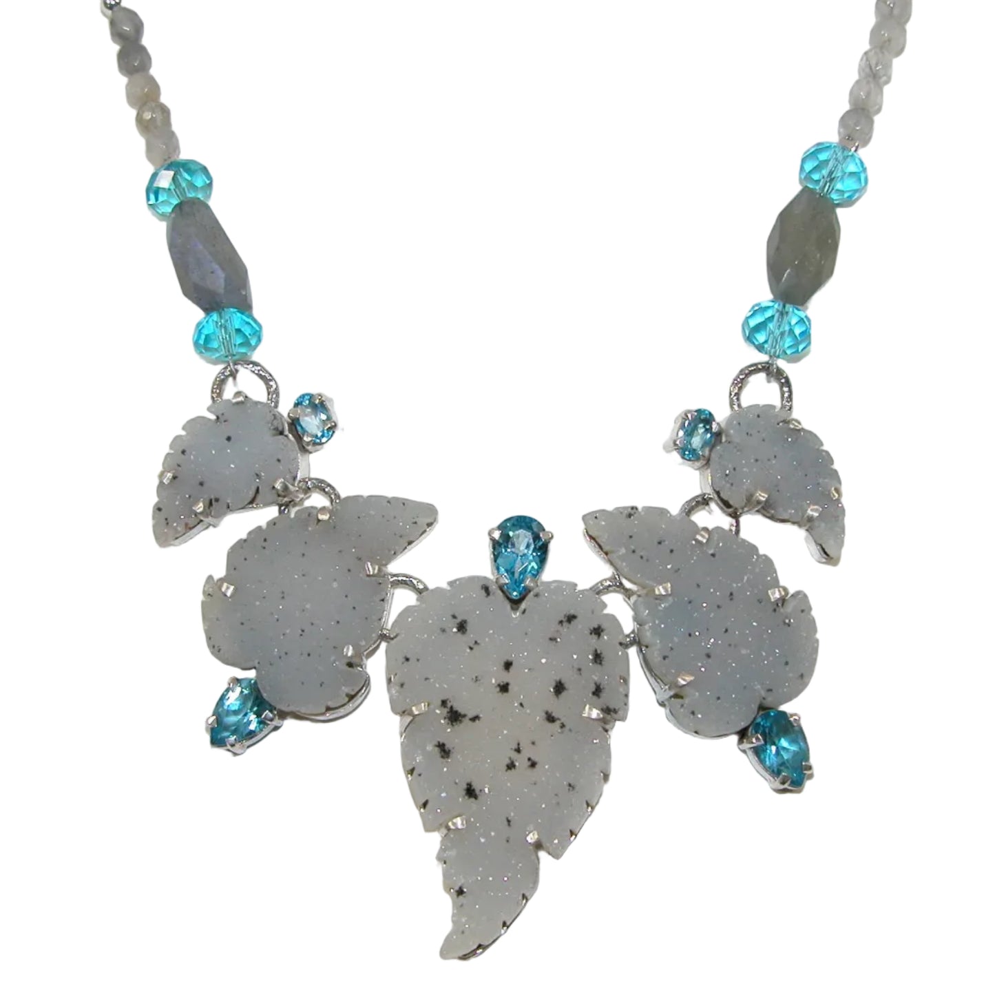 40185 Drusy Agate Blue Topaz Leaf Collar Sterling Silver Necklace One of a Kind