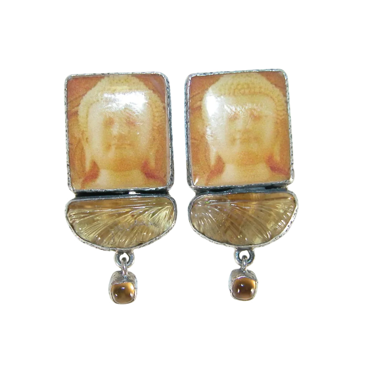 31348B Handmade Buddha Tile, Citrine Sterling Silver Earrings