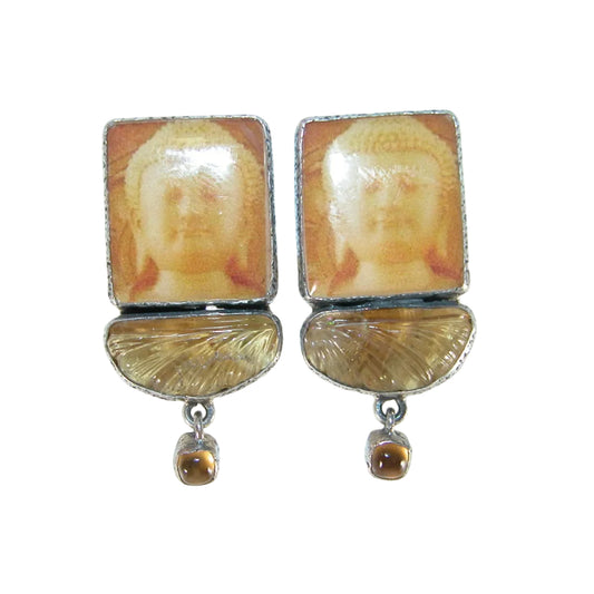 31348B Handmade Buddha Tile, Citrine Sterling Silver Earrings