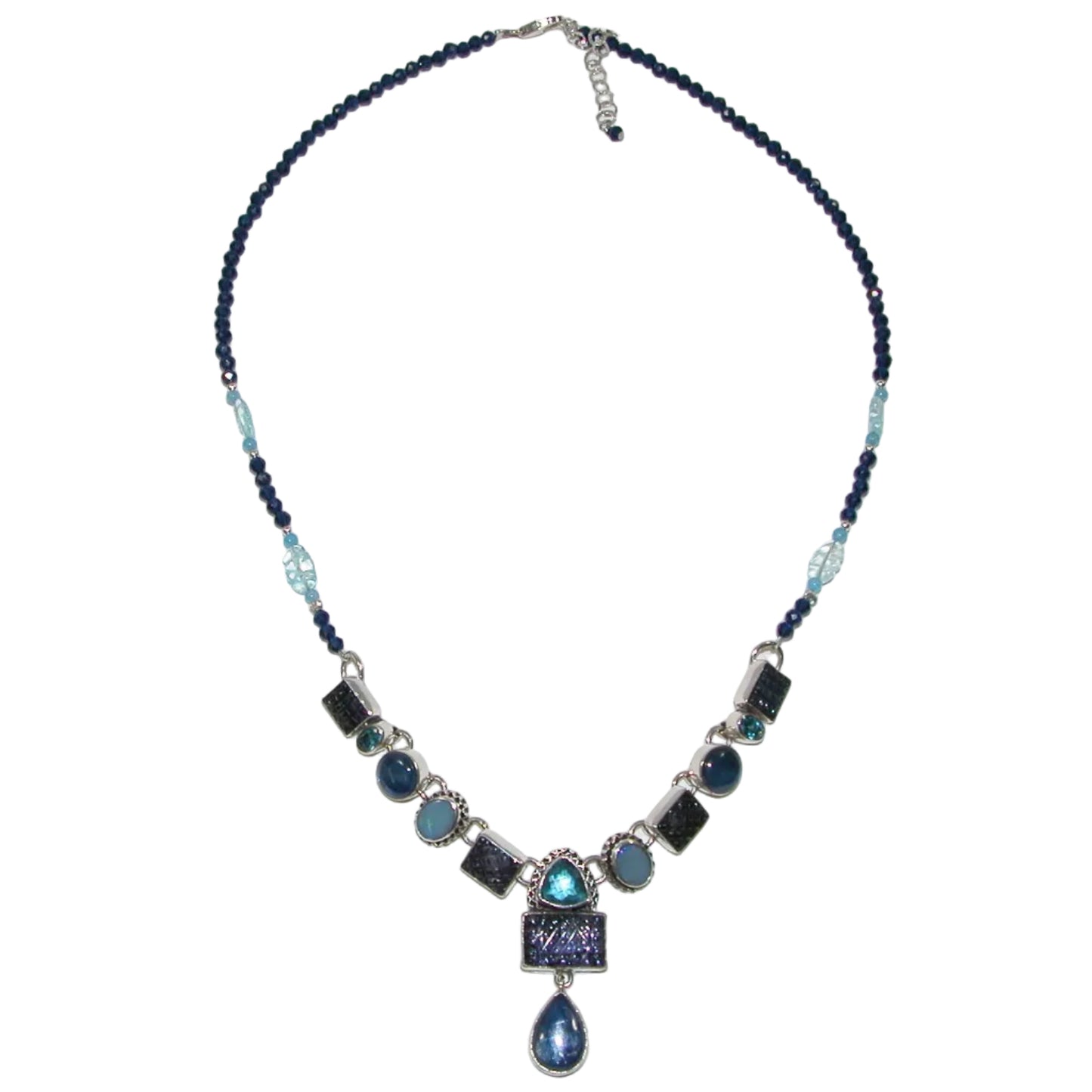 40186 Carved Iolite Kyanite Blue Topaz Sterling Silver Necklace