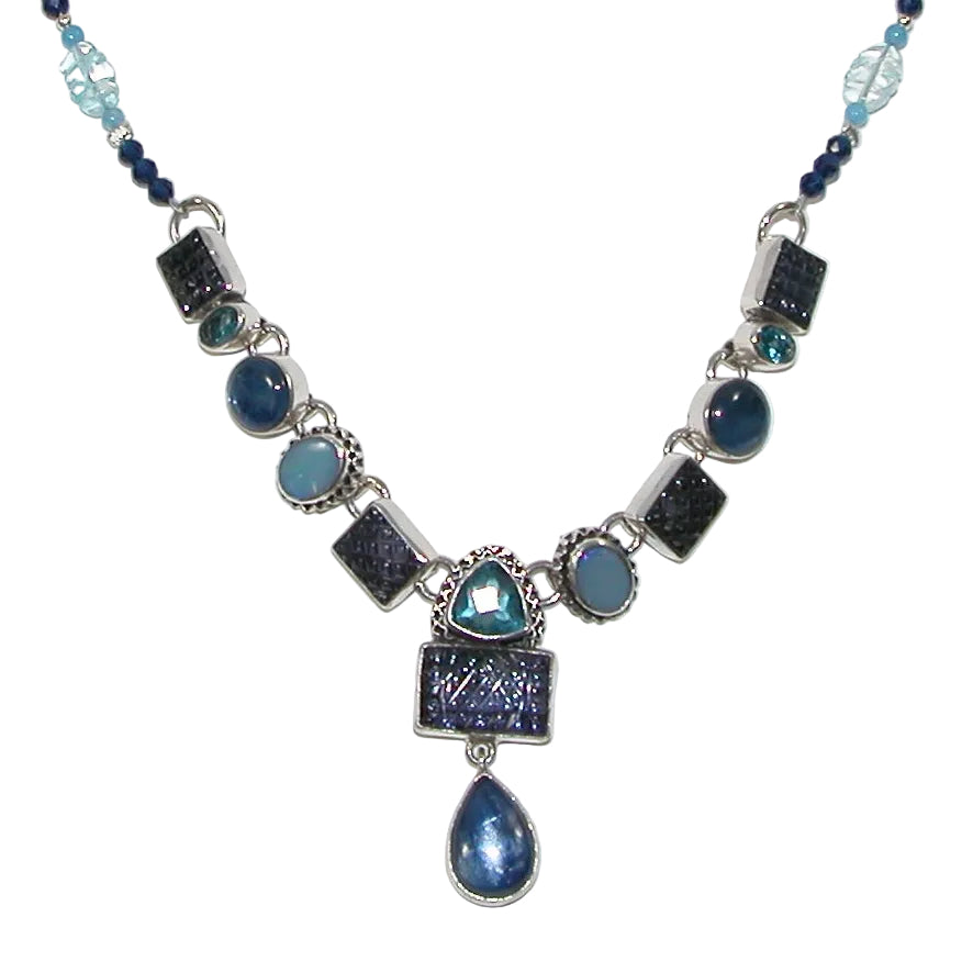 40186 Carved Iolite Kyanite Blue Topaz Sterling Silver Necklace