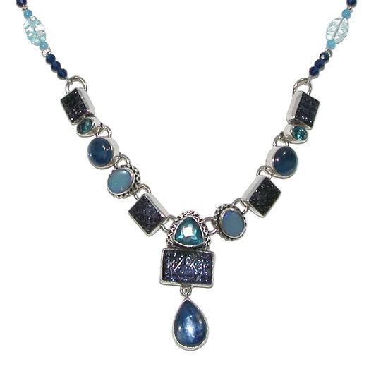 40186 Carved Iolite Kyanite Blue Topaz Sterling Silver Necklace