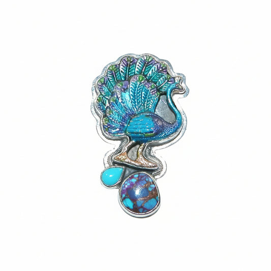 33049 Turquoise Hand Enameled Peacock Sterling Silver Pin/Pendant