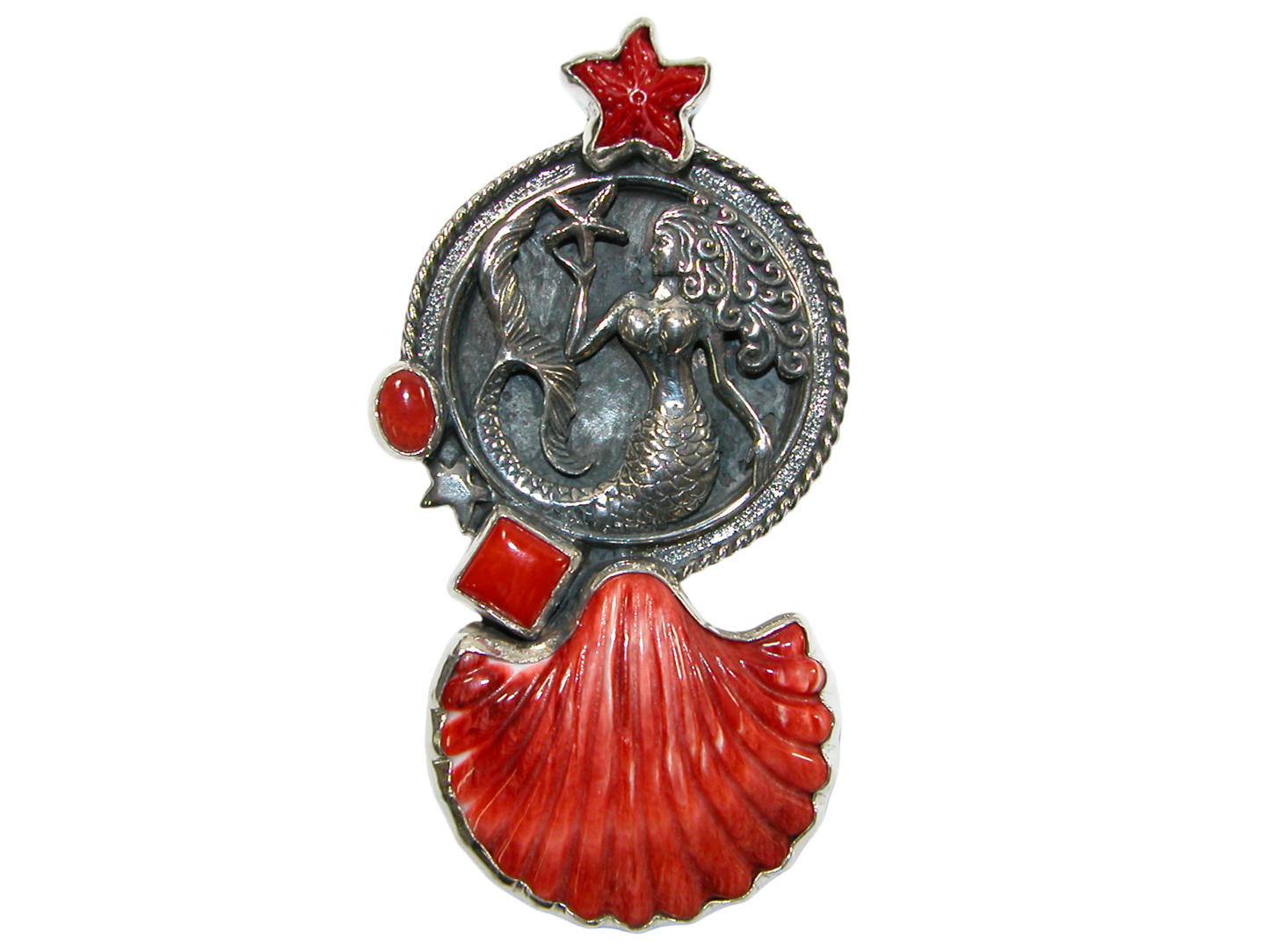 34413 Red Spiny Oyster Mermaid Sterling Silver Pin Pendant