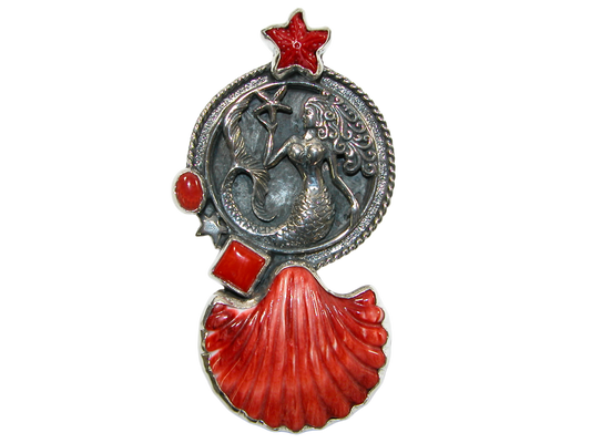 34413 Red Spiny Oyster Mermaid Sterling Silver Pin Pendant