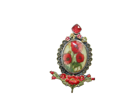 34411A Poppy Tiles with Enameling Sterling Silver Pin Pendant