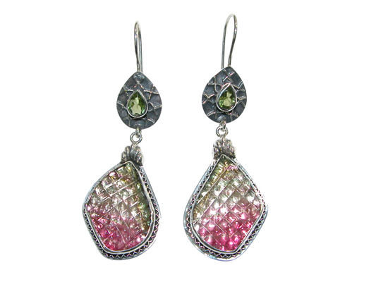 34373 Green Peridot Carved Tourmaline Sterling Silver Earring