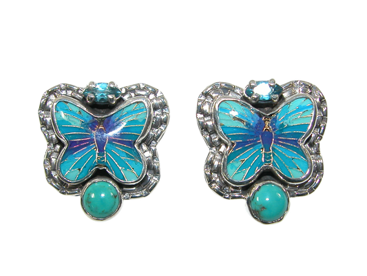34388 Enameled Butterfly with Turquoise Sterling Silver Earring