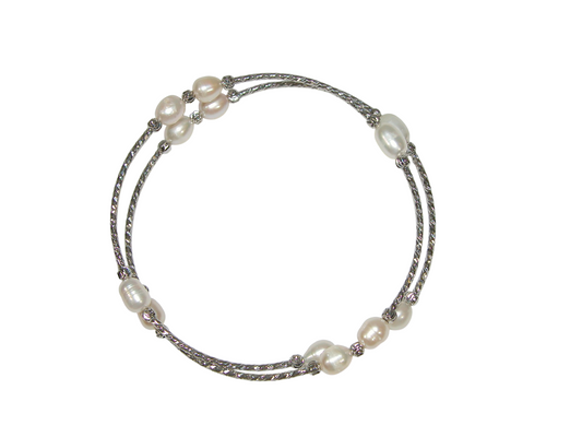 B5083 White Silver Tone Freshwater Pearl Memory Wire Bracelet