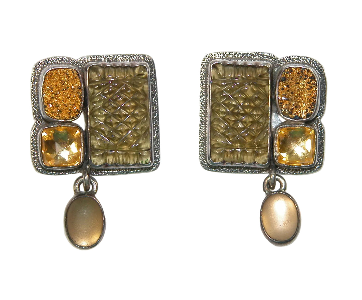 20025A Carved Smokey Quartz, Gold Clad Drusy, Gold Foil Under Quartz Sterling Silver Earrings
