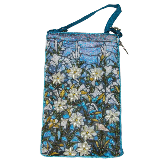 Beaded Crossbody Handbag Cell Phone Case GF4907 Blue Floral Pearl