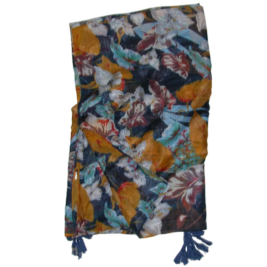 Mustard and Navy Floral Scarf with Tassels 100% Cotton GF5271