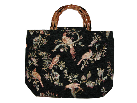 Bamboo Handbag Black and Gold Jaccard Print with Birds GF4915