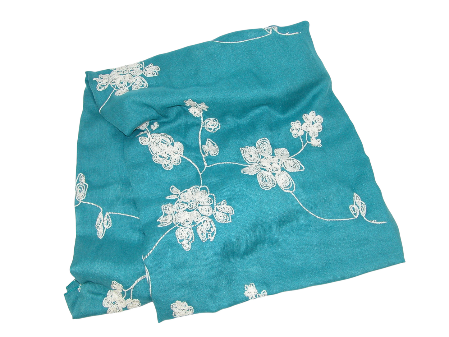 Embroidered Teal Shawl with Flower Pattern GF4932