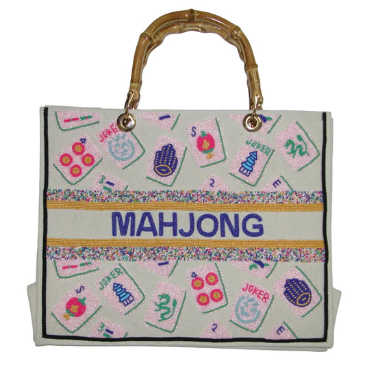 Beaded Mahjong Tile Tote Bag Bamboo Handle GF4946