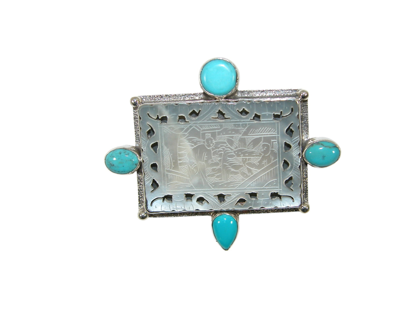 37017A Collectible Mother of Pearl Game Piece, Turquoise Sterling Pin and Pendant