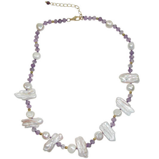 N5612 Pearl Amethyst Faceted Gem Necklace